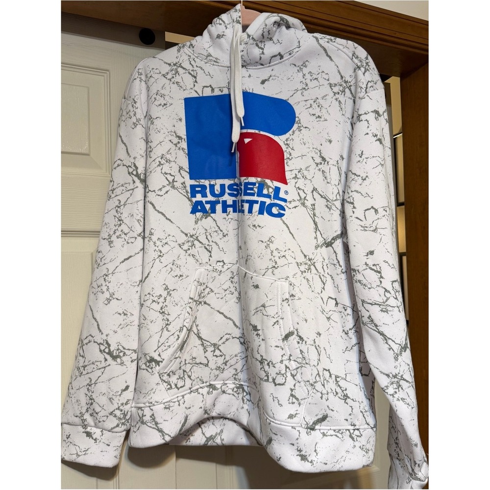 Russell Athletic White Marble-Print Crewneck with Blue and Red Logo
